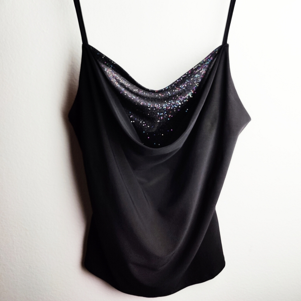Rare VTG Early Y2K Jacaranda Club Top Draped Cowl Neck Black/Sparkle, Sz L